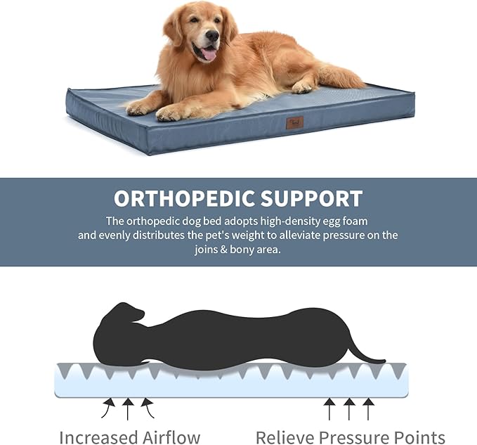 Large Outdoor All Weather Dog Bed, Waterproof Pet Bed for Large Dogs, Orthopedic Egg Crate Foam with Washable Removable Oxford Cooling Cover, 36x27 Inch, Blue