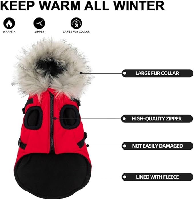 PINA Dog Winter Coat, Dog Winter Jacket with Waterproof Fabric, Warm Dog Coat with Faux Fur Hood, Dog Winter Vest with Reflective Strap for Small Medium Large Dogs, Red, L