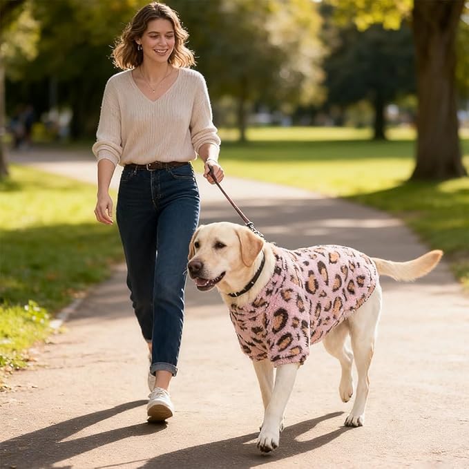 GreenJoy Leopard Print Dog Sweater – Stretchy Fleece Dog Turtleneck Sweatshirt for Puppies & Cats, Soft & Warm Pet Winter Clothes for Small, Medium & Large Dogs (Pink, Large)