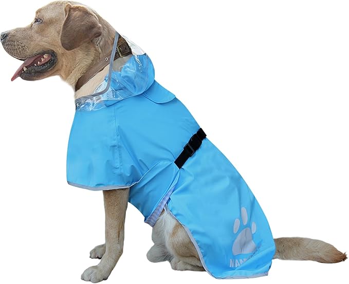Waterproof Dog Raincoat, Reflective Adjustable Hooded Dog Rain Coat, Lightweight Breathable Pet Rain Jacket Poncho Double Layer with Leash Hole for Small Medium Large Dogs (Blue, X-Large)