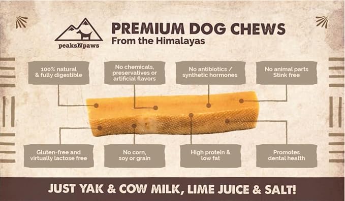 peaksNpaws Yak Cheese, High Protein, Himalayan Dogs Chews, Natural Dog Treats, Lactose Free, Long Lasting Dogs Treat for Aggressive Chewers Under 55 lbs 12 Large Chew Sticks