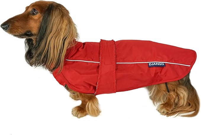 DJANGO Dog Jacket & Raincoat – Lightweight Water-Resistant Coat for Small, Medium & Long Dogs Like Dachshunds – Reflective, Adjustable Fit, Harness-Compatible & Easy-Access Harness Hole - Red, Small