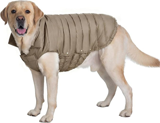 SPACE LION Dog Puffer Jacket, Down Winter Coat, Durable Outdoor Coat for Cold and Windy Conditions, Waterproof, Lightweight Jacket, Adjustable Fit for Small, Medium, Large Dogs(Khaki,24/2XL)