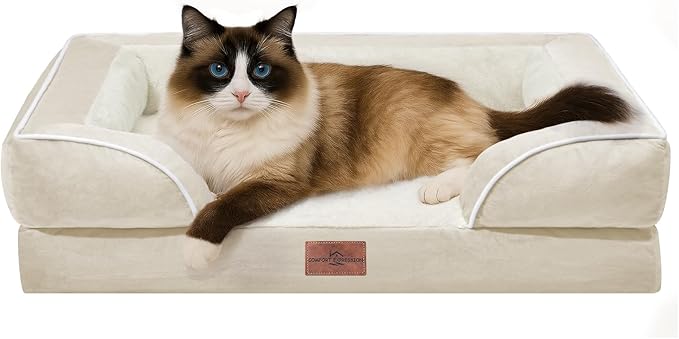 Comfort Expression Orthopedic Dog Bed for Small Dogs 20x14 Inch, Waterproof Supportive Egg Crate Foam Small Pet Bed with Removable Bolsters, Dog Couch with Washable Cover & Non-Slip Bottom, Beige