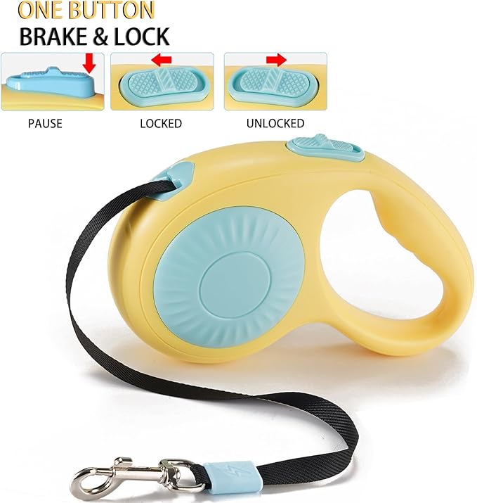 JSXD 360° Tangle-Free Retractable Dog Leash with One-Handed Brake, Pause, Lock, 10 ft Strong Nylon Tape Pet Walking Leash,Suitable for Cats, Small and Medium Dogs up to 66 lbs (Yellow, 10 ft)