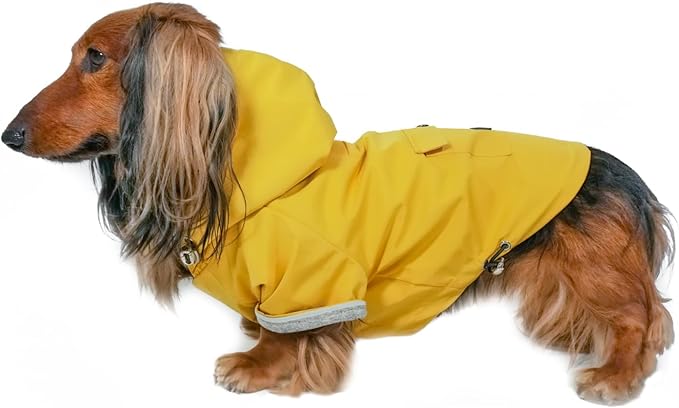 DJANGO Highland Dog Jacket & Raincoat – Water-Repellent, Lined Dog Coat with Hood, Adjustable Fit & Harness Hole – Lightweight Rain & Wind Jacket for Small & Medium Dogs up to 30 lbs (Yellow, X-Small)