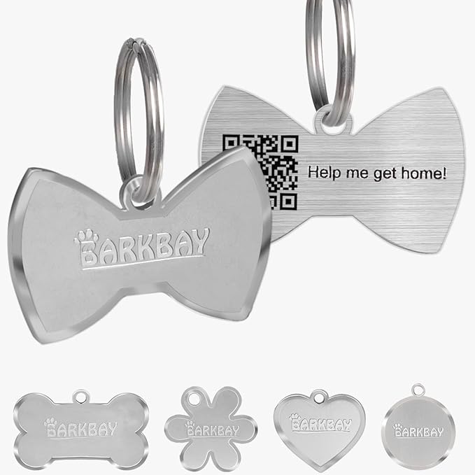 Dog Tags Personalized for Pets,Dog Name Tags QR Code,No Subscription Fees,Modifiable Pet Online Profile,Stainless Steel,No App Required,for Dogs and Cats Small,Medium,Large(Bow Tie,Small)