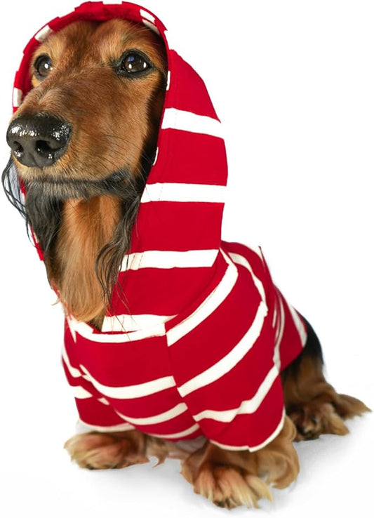 DJANGO Dog Hoodie – Warm, Lightweight, Soft & Stretchy Dog Sweater with Hood, Harness Hole & Elastic Waistband – Cozy Sweatshirt for Small Dogs up to 25 lbs, Dachshunds & Puppies – Crimson Red, Small