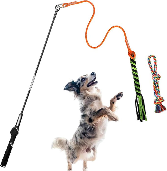 Flirt Pole for Dogs Chase and Tug of War, Interactive Dog Toys for Large Medium Small Dogs, Dog Teaser Wand with Rope Tether Lure Chewing Toy for Outdoor Training Playing Exercise