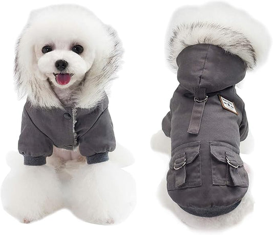 Warm Dog Hooded Trench Coat Windproof Parka Jacket for Cold Weather (S, Black Grey)