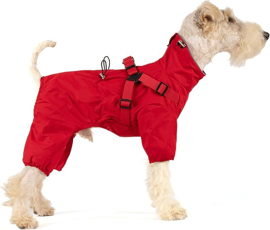 Mile High Life Waterproof Dog Raincoat, Full Coverage Small Dog Rain Coat with Harness, Adjustable 4 Legs Puppy Rain Jacket with Reflective Strip and Elastic Cuffs (Red, M Back Length 14.6")