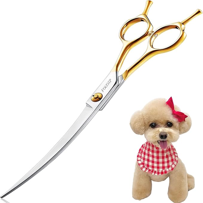 Curved Dog Grooming Scissors Professional 7" Grooming Shears for Dogs Pet Right Handed Groomer Japan 440C Stainless Steel (7 in Curved, Gold)