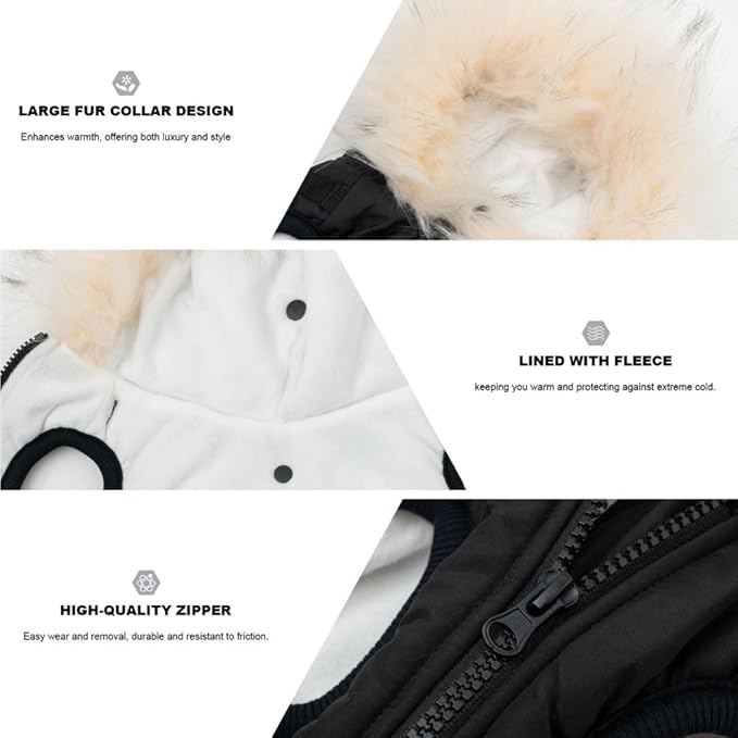 PINA Winter Coat with Waterproof Fabric, Faux Fur Hood, Reflective Strap for Small to Large Dogs, Black, S