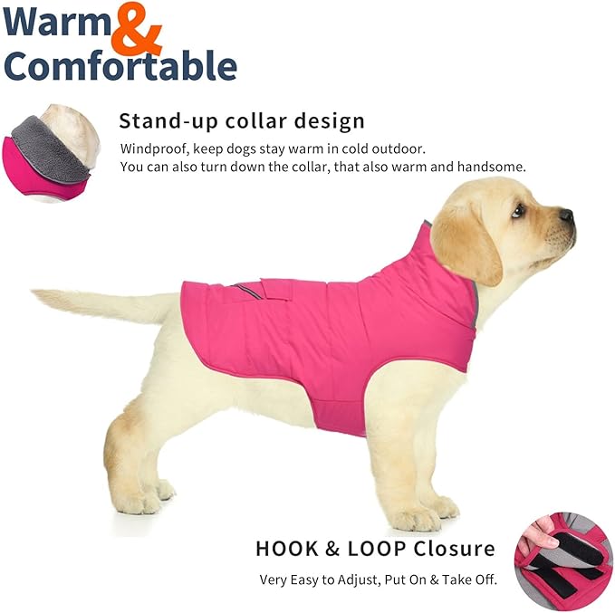 Dog Coat, Waterproof Dog Winter Jacket with Pocket, Reflective Adjustable Pet Snow Vest, Warm Cozy Fleece Sweater for Small Medium Extra Large Dogs - Pink, XL