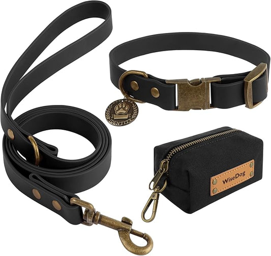 Wisedog Dog Collar and Leash Set, Waterproof Adjustable Puppy Collars with Cute Tag 6FT Dog Leash with Poop Bag for Small Medium Large Dogs (XS(Collar:8.5"-12";Leash:4 ft), Black)