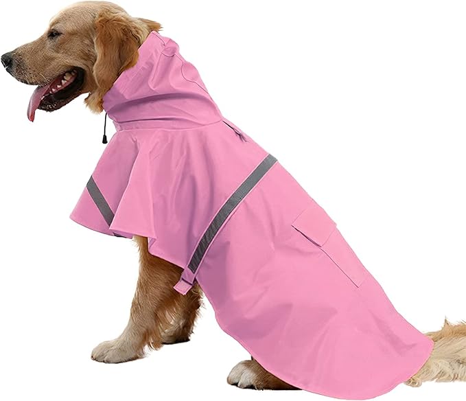 Mikayoo Large Dog Raincoat Adjustable Pet Waterproof Clothes Lightweight Rain Jacket Poncho Hoodies with Strip Reflective(Pink,XL)