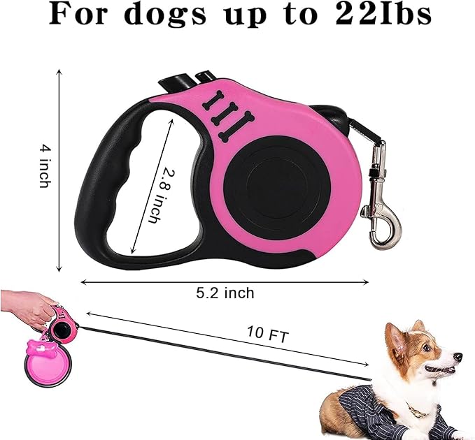 Heavy Duty Retractable Leash for Small Dog or Cat, 360 Tangle-Free Nylon Tape, Anti-Slip Handle, with Waste Bag Dispenser (10FT Pink)