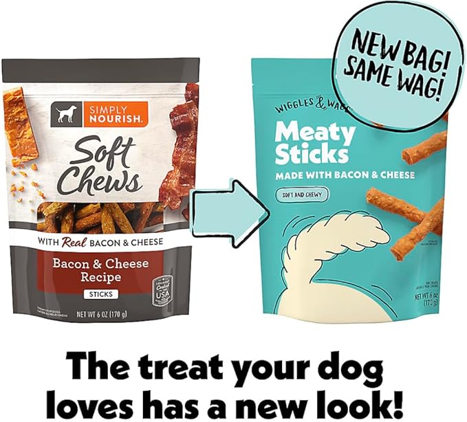 Wiggles & Wags Meaty Sticks, Also Known as Bacon & Cheese Soft Chews, Soft & Chewy Dog Treats for Adult Dogs, Made with Real Beef, 2-6 Oz Packs Bundled with Dog Poop Bag by Gokul Brands