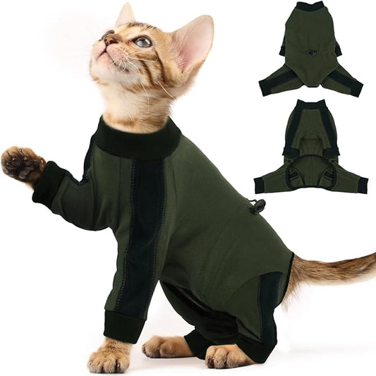 Cat Pajamas for Cats Only, Sticky Hair Cat Clothes, Long Sleeve Sphynx Clothes, Anti-Licking or Skin Disease Recovery Suit for Female Cats, Kitten Onesie Pajamas, ArmyGreen, XL