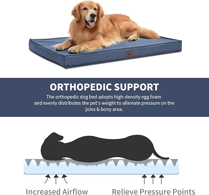 Outdoor XXL Dog Bed Waterproof, Dog Bed for Extra Large Dogs, Orthopedic Egg Crate Foam Pet Bed with Washable Removable Oxford Cooling Cover, 47x29 Inch, Navy
