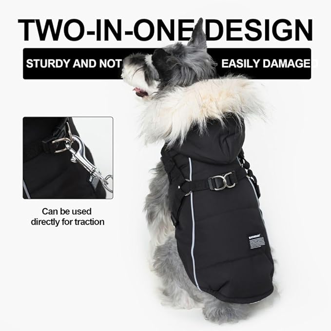 PINA Winter Coat - Waterproof Dog Jacket with Faux Fur Hood, Reflective Strap for Small to Large Dogs, Black, XL
