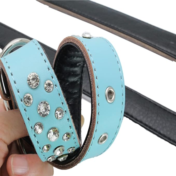Rhinestones Dog Collar, Adjustable Sparkly Crystal Studded Genuine Leather Pet Dog Collar for Small and Medium Dogs (S, Green)