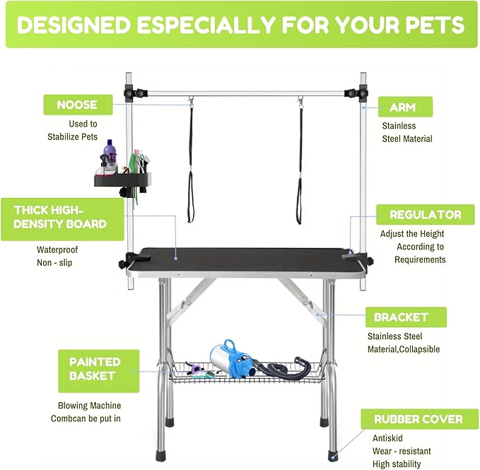 46" Large Dog Grooming Table, Non-Slip Tabletop with Adjustable Armrests, Lasso, Tool Organizer, Grid Tray, Foldable Home Pet Station, Maximum Weight Capacity 330 Ibs,Black