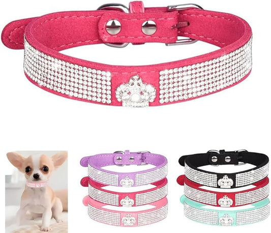 Serijoars Small Dog Collar with Rhinestone Crystal Diamond Colorful Bling Girl Puppy Cat Collars (M, Hot Pink4)