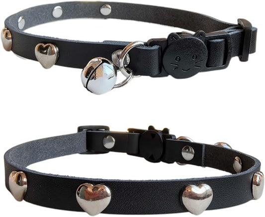 Spiked Cat Collar with Bells, Breakaway Genuine Leather Protective Collar for Kitty, Studs Spikes Punk Style, Heart Pattern, Adjustable for Girl Boy Kittens Small Bunny Rabbit, 10"-12" Black