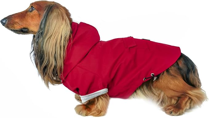 DJANGO Highland Dog Jacket & Raincoat – Water-Repellent, Lined Dog Coat with Hood, Adjustable Fit & Harness Hole – Lightweight Rain & Wind Jacket for Small & Medium Dogs up to 30 lbs (Red, X-Small)