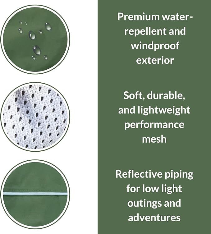 DJANGO Dog Jacket & Raincoat – Lightweight Water-Resistant Coat for Small, Medium & Long Dogs Like Dachshunds – Reflective, Adjustable Fit, Harness-Compatible & Easy-Access Harness Hole - Green, Small