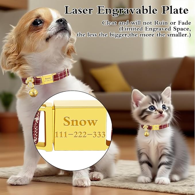 Personalized Breakaway Cat Collars - Magnetic Buckle, Bell - Safety Quick Release, Customized for Girls & Boys Cats- (Checkered-Red)