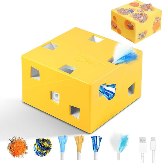 Migipaws MigiBox Cat Toy with PopSkin, Interactive Kitten Toy for Indoor Cats, Automatic Pop Out Feathers from 12 Holes Randomly, Pounce Mystery Under Cover to Stimulate Bored Furry, Rechargable