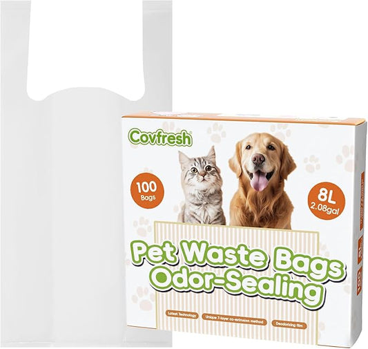 Odor-Sealing Dog Poop Bags with Handles, 100-Count Large Capacity (8L) Pet Waste Bag, Unscented Poop Bags for Dogs or Cat Litter, Conceals Smell & Mess(White)