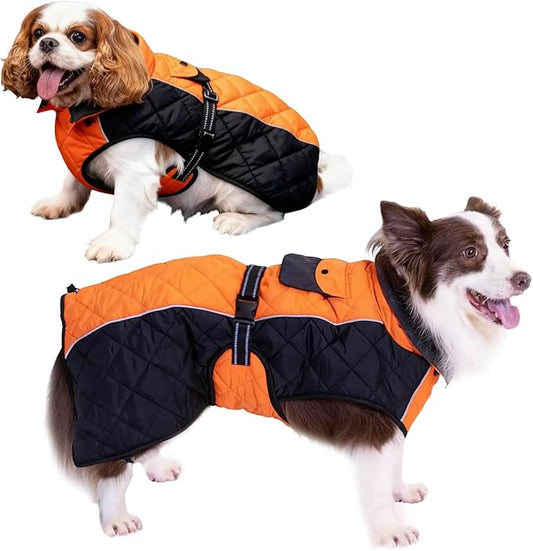 Dog Coat Dogs Winter Coat- Fleece Lined,Water-Resistant,Convertible Collar,Back Reflective Strip&Easy to Wear for Outdoor Walking Dog-Jacket(Orange, Small)
