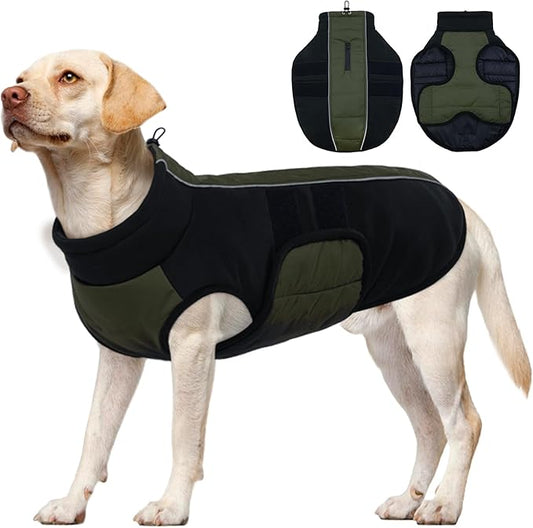 Kuoser Large Dog Coat, Winter Waterproof Dog Jackets for Large Dogs, Reflective Doggie Vest with Leash Hole, Cold Weather Coats Pet Snow Jacket for Labrador Beagle, Green XXL