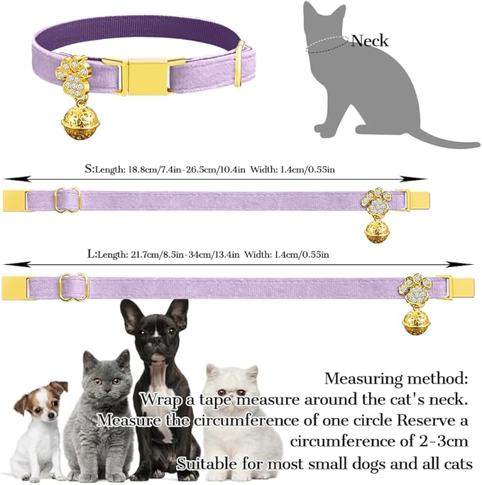 Personalized Breakaway Cat Collars - Magnetic Buckle, Bell - Safety Quick Release, Customized for Girls & Boys Cats- (Velvet-Light Purple)