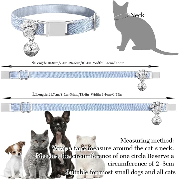 Personalized Breakaway Cat Collars - Magnetic Buckle, Bell - Safety Quick Release, Customized for Girls & Boys Cats- (Herringbone-Sky Blue)