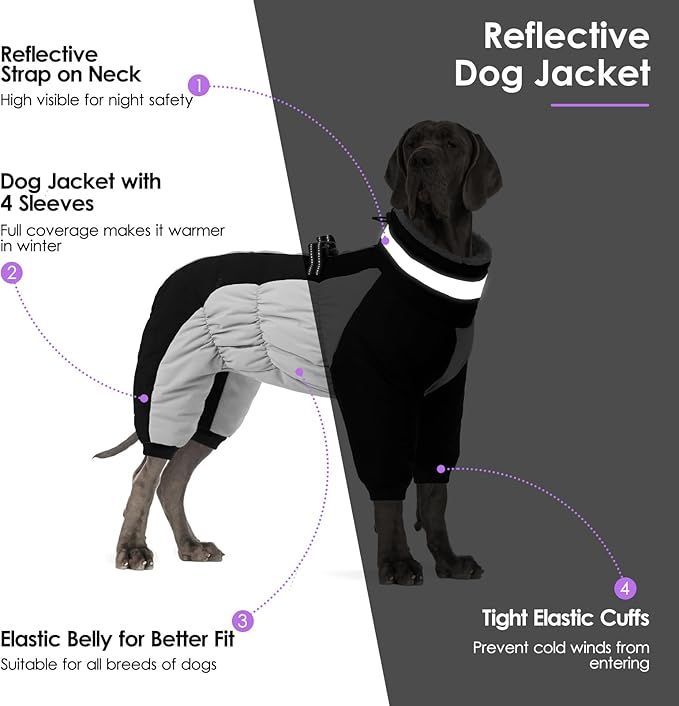 SUNFURA Full Body Dog Coat - Warm Fleece Jacket for Small Dogs, Turtleneck Winter Coats with Harness, Reflective Dog Snowsuit Windproof Puffer Jackets with Legs for Chihuahua, Yorkie, Black XS