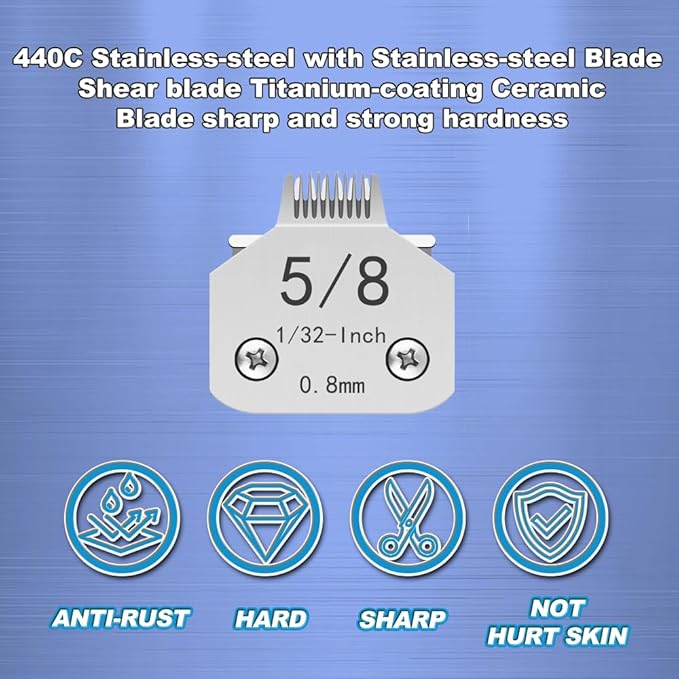 TRAH 5/8 Blade Dog Grooming Clipper Replacement Blades Compatible with Andis Dog Clippers,Most A5, KM Series Clippers,Detachable Stainless-Steel Blade,Size-5/8, 1/32-Inch Cut Length (0.8mm) Silver