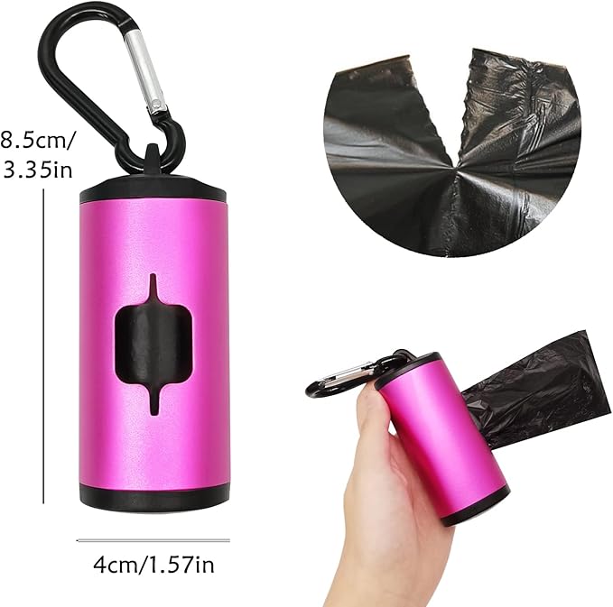 Metal Dog Poop Bag Holder Aluminum Dispenser for Leashes, Hiking & Travel, Lightweight Scratch-Resistant with 3 Attachments and 195 Bags (Pink, 1 Holder 15 Bags)