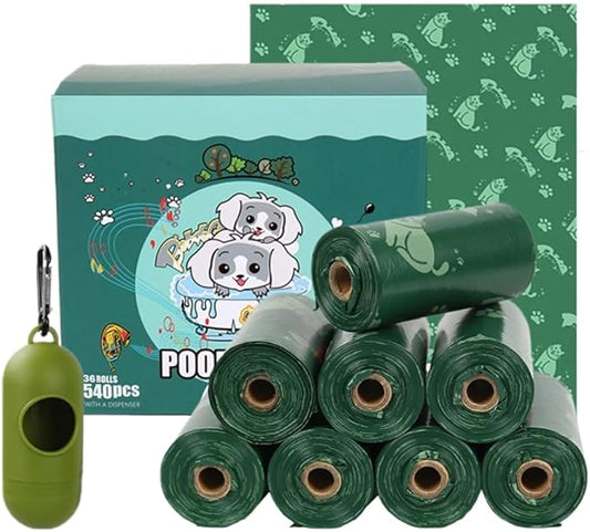 Dog Poop Bags with Dispenser, 540 Bags, 36 Rolls, Green
