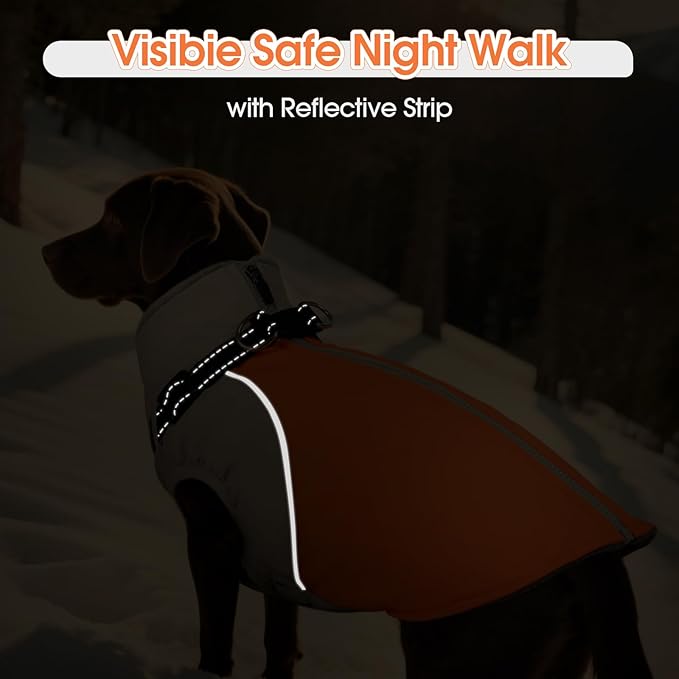DENTRUN Dog Coat with Harness Built in, Easy On/Off Zipper Closure Winter Dog Vest, Fleece Lined Warm Jacket with Reflective for Labrador, Orange, L