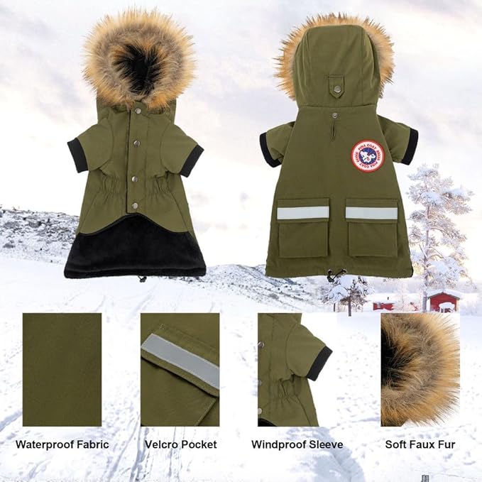 PINA Dog Coats for Small Dogs - Waterproof, Warm Winter Jacket with Faux Fur Hood and Pocket