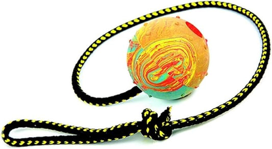Dingo Nubby Dog Ball - Fully Rubber-Filled, with 60 cm Long Rope - Suitable for Fetching, Dog Sports, Agility, Playtime - Medium Size - Random Colour