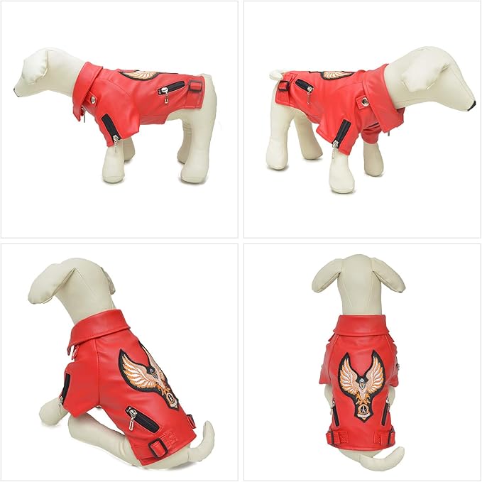 Lovelonglong Cool Dog Leather Jacket, Warm Coats Dogs Windproof Cold Weather Coats for Large Medium Small Dogs with Eagle Embroidery Red B-M