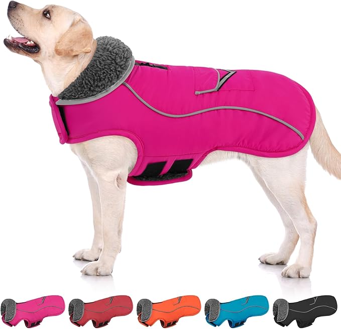 SUNFURA Dog Coat, Warm Dog Coat XXL Puffer Jacket with Harness Hole, Reflective Pet Snow Jacket Turtleneck Fleece Vest for Weimaraner, Labrador, Golden Retriever, Hot Pink 2XL