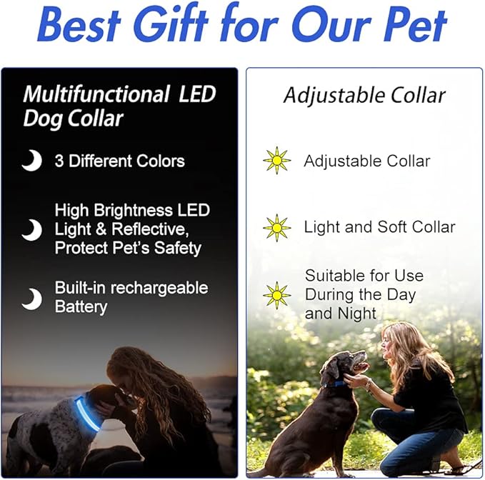 YFbrite Ultra Light Adjustable LED Dog Collar, Light up Dog Collars Rechargeable Glowing in The Dark Collars Visiblity & Safety for Small, Medium, Large Dogs (Blue, Medium)