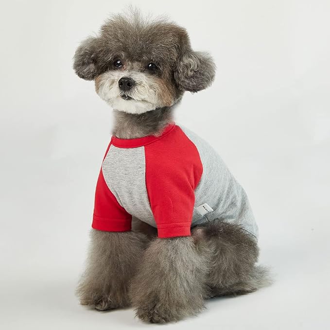 Dog T-Shirt for Small and Large Dogs, Raglan Cotton, Soft, Breathable, Grey/Red, X-Small