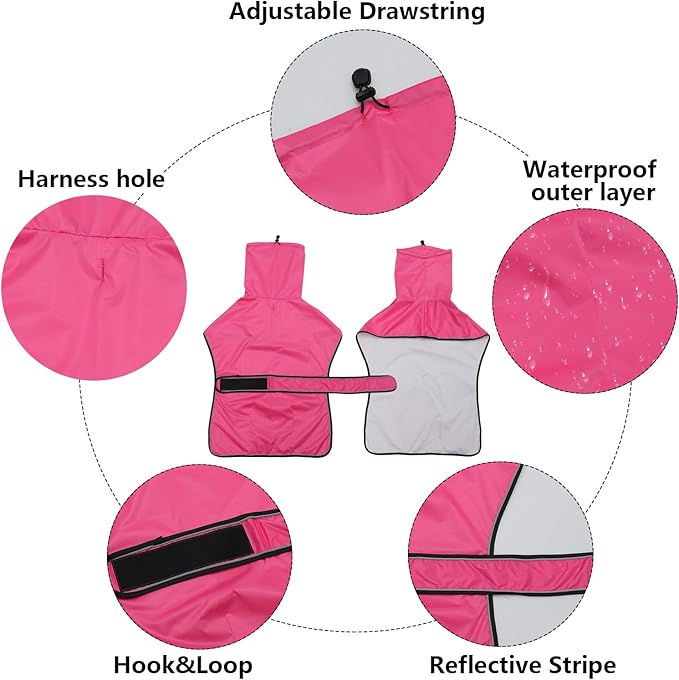 Dog Raincoat with Reflective Bar, Rain/Water Resistant, Adjustable Vest - Dog Raincoats for Greyhounds, Lurchers and Whippets - Pink - S